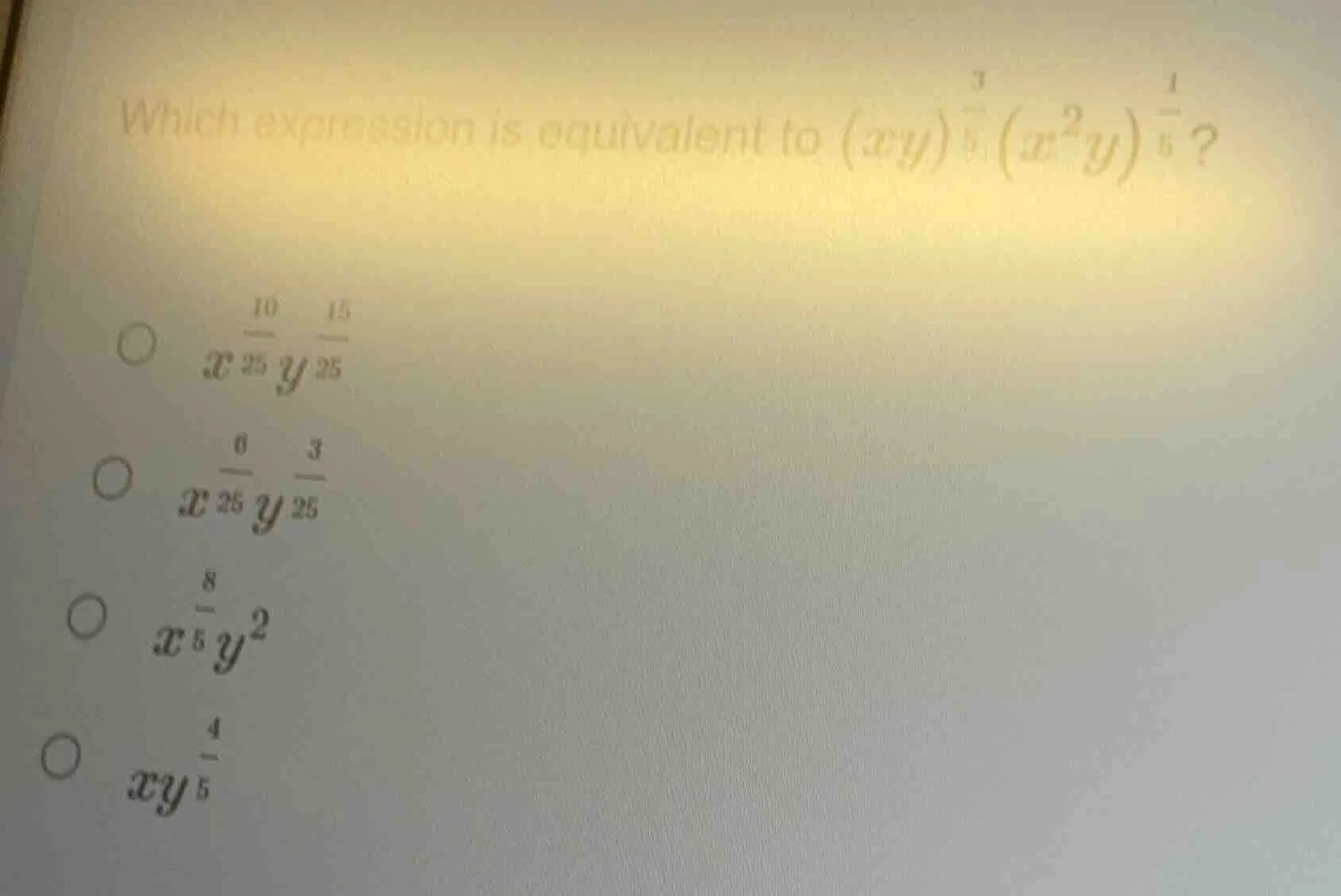 which expression is equivalent to ((xy)^{\frac{3}{5}}(x^2y)^{\frac{1}{5…