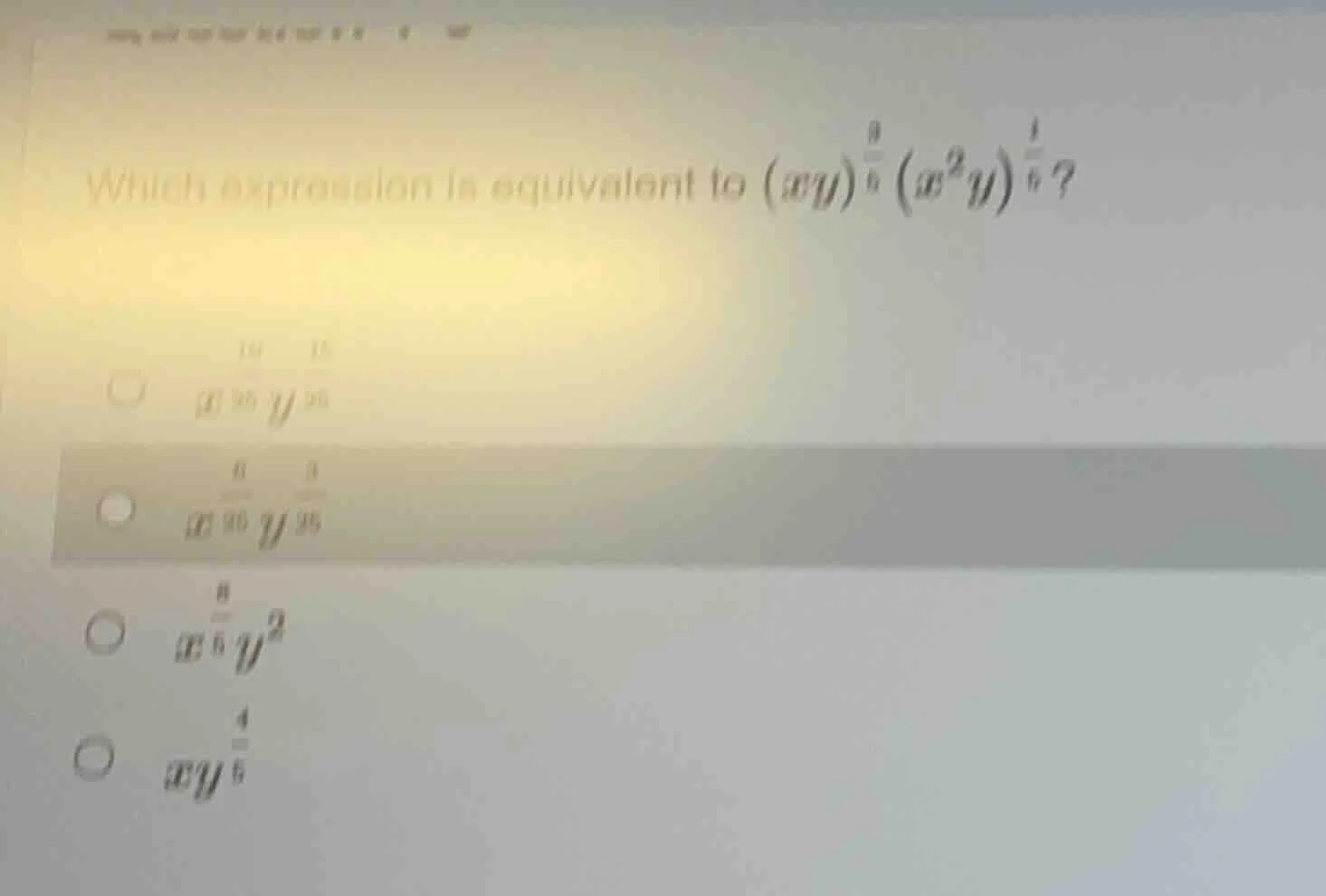 which expression is equivalent to ((xy)^{\frac{9}{5}}(x^2y)^{\frac{1}{5…