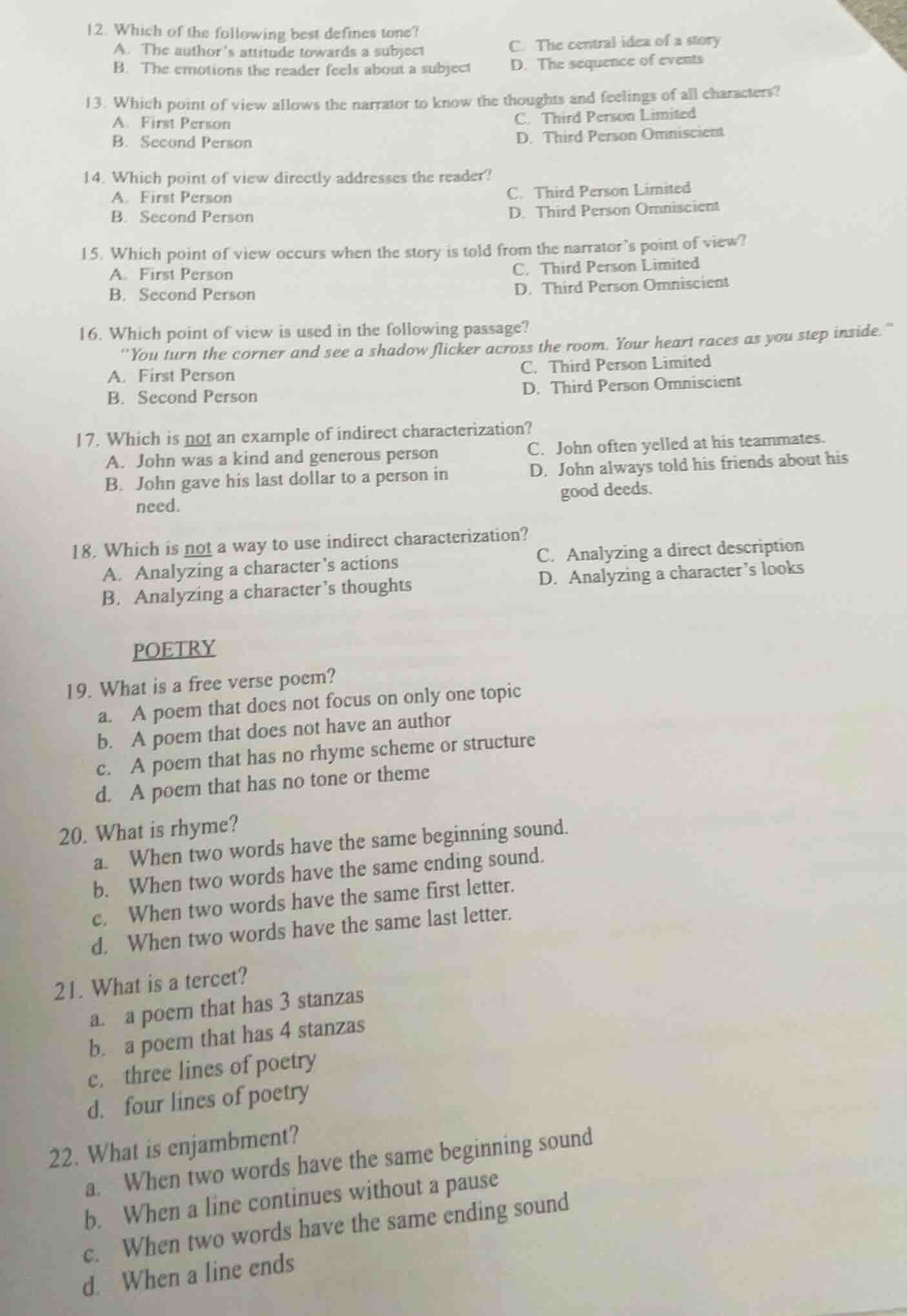 12. which of the following best defines tone? a. the author’s attitude …