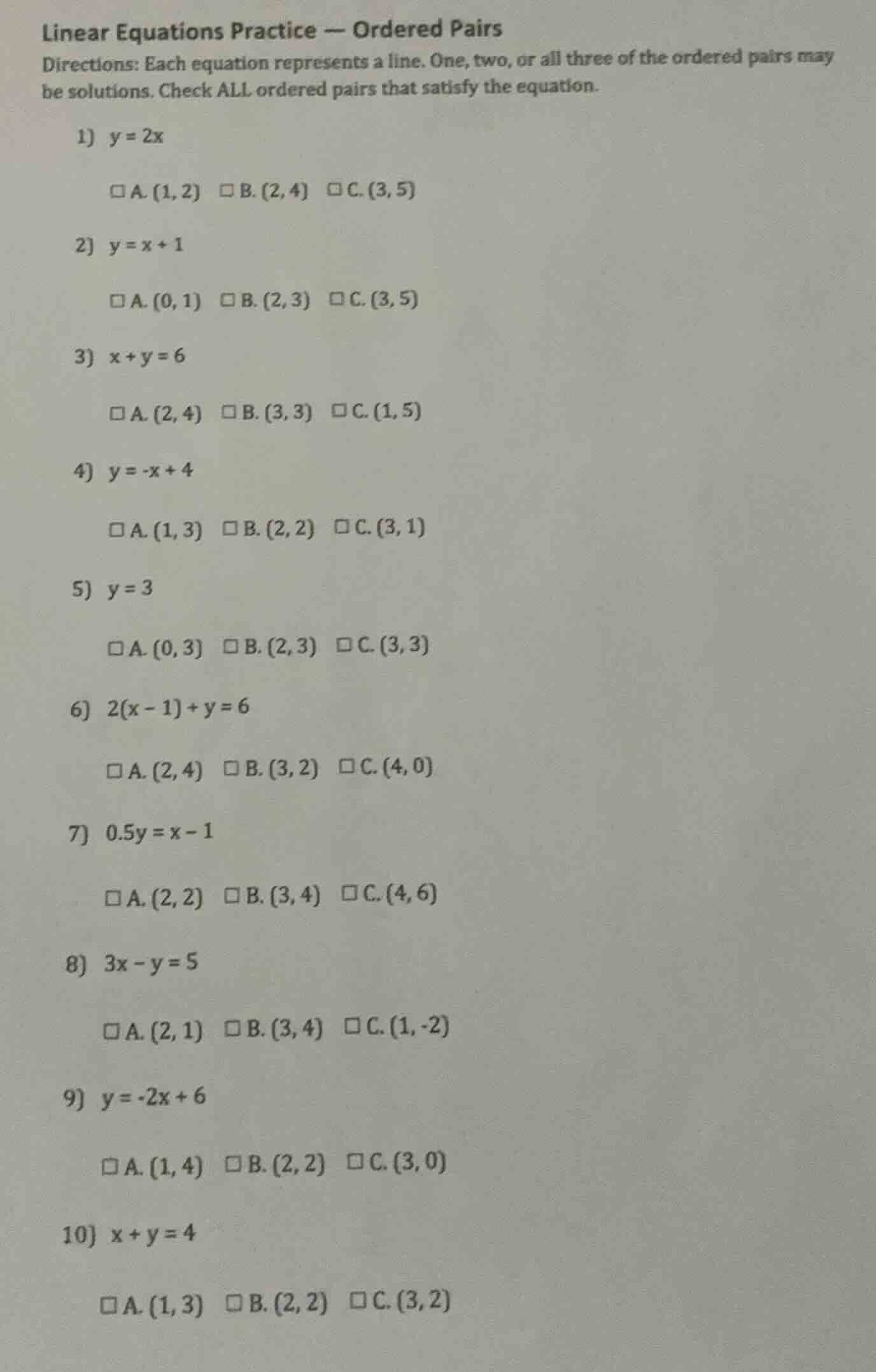 linear equations practice — ordered pairs directions: each equation rep…