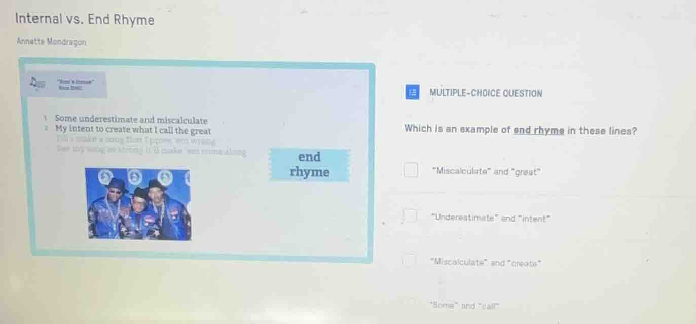 internal vs. end rhyme annette mendragon multiple-choice question which…