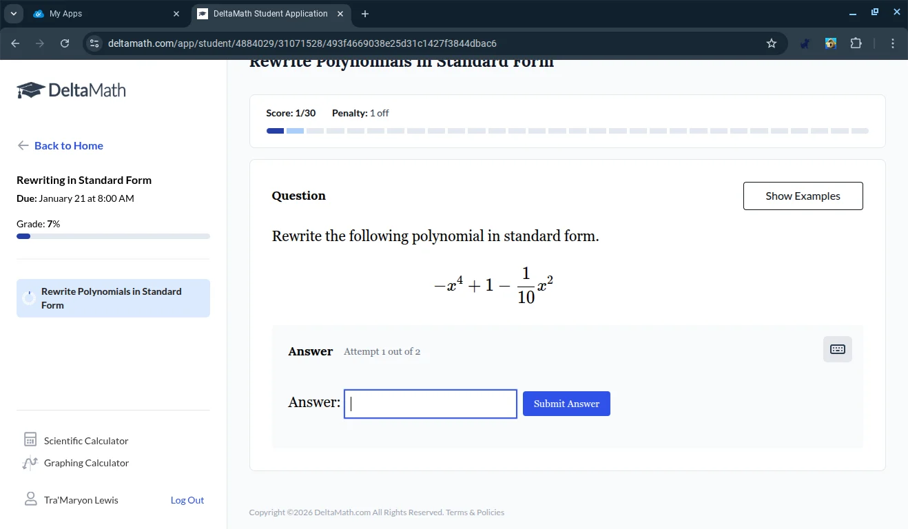 rewrite the following polynomial in standard form. $-x^4 + 1 - \\frac{1…