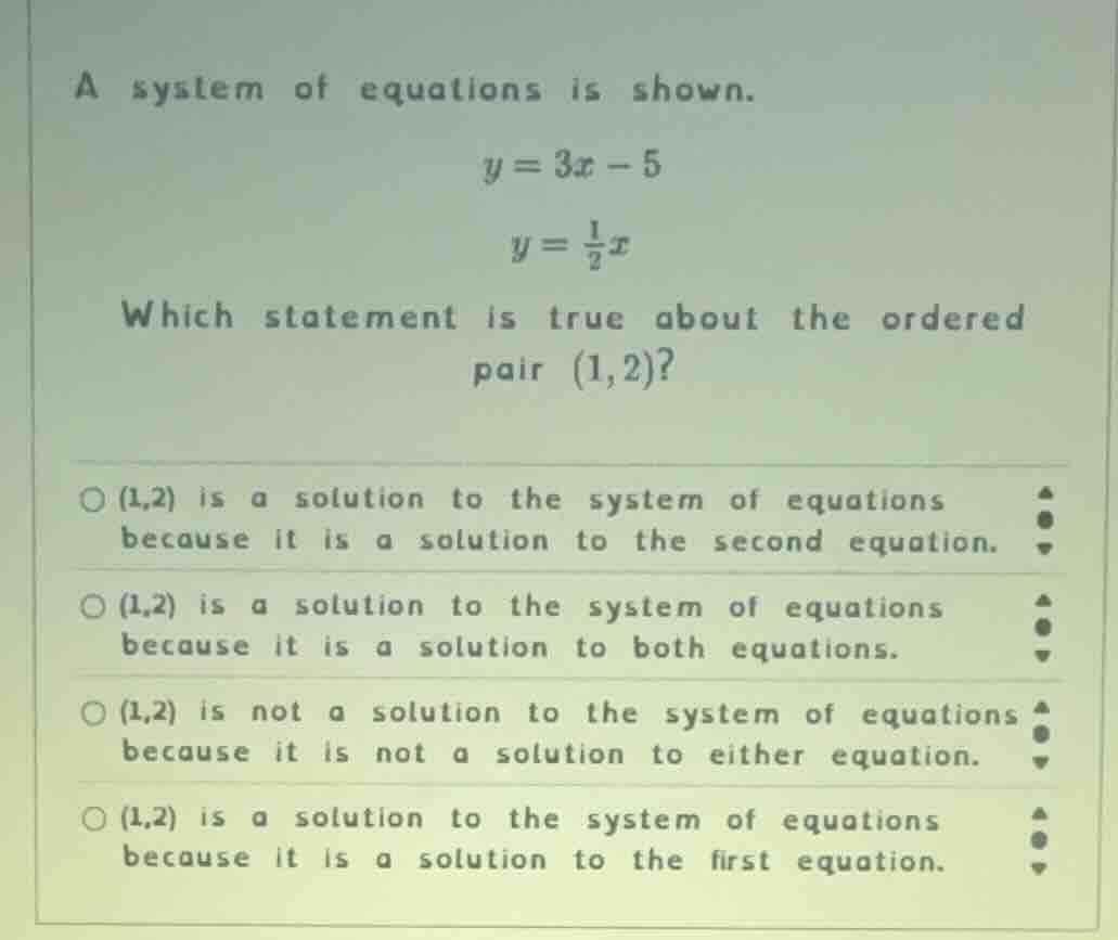 a system of equations is shown. $y = 3x - 5$ $y = \\frac{1}{2}x$ which …