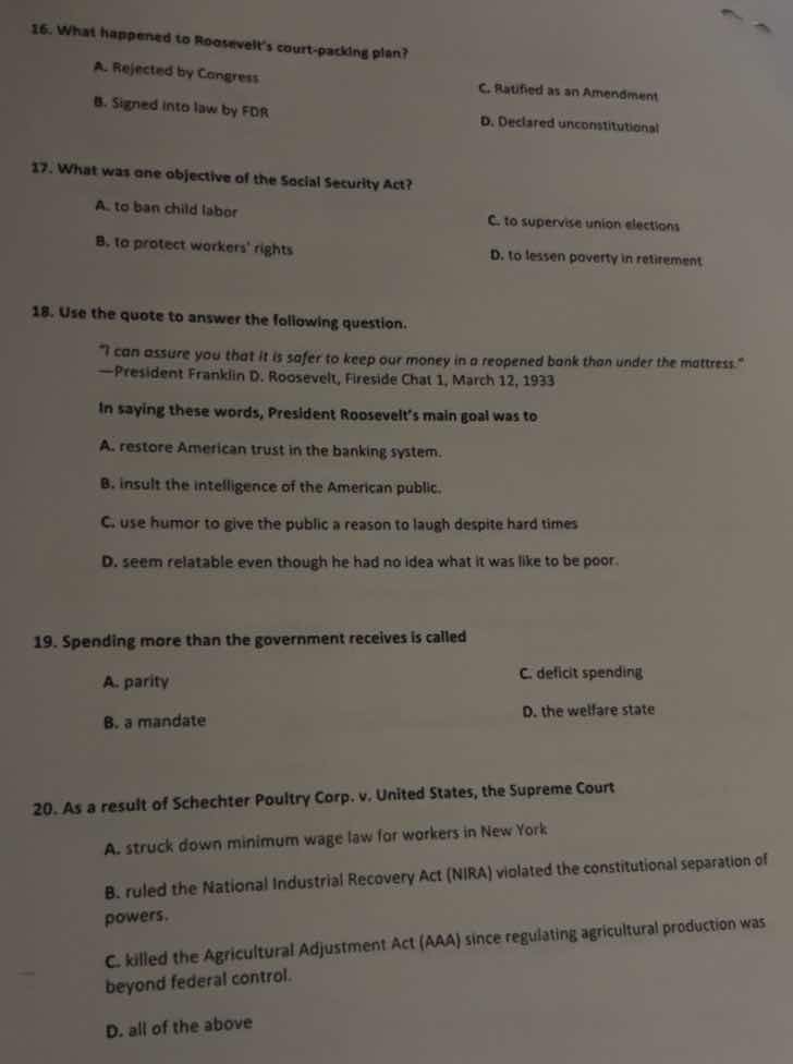 16. what happened to roosevelts court - packing plan? a. rejected by co…