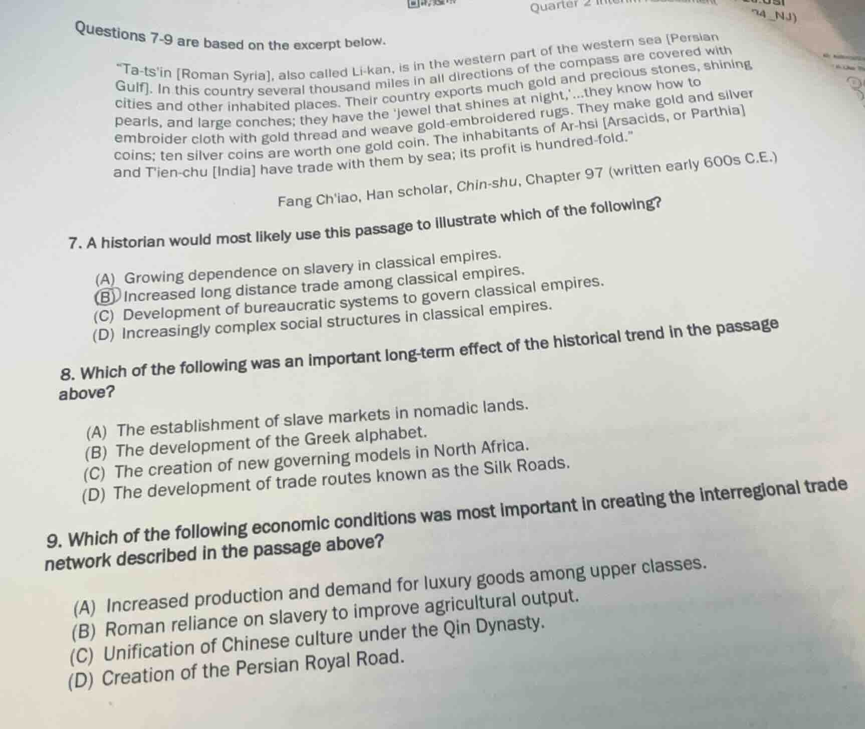questions 7-9 are based on the excerpt below. \ta-tsin roman syria, als…