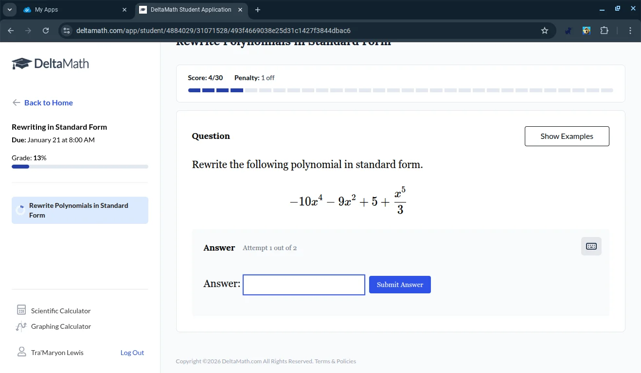 rewrite the following polynomial in standard form. $-10x^{4}-9x^{2}+5+\…