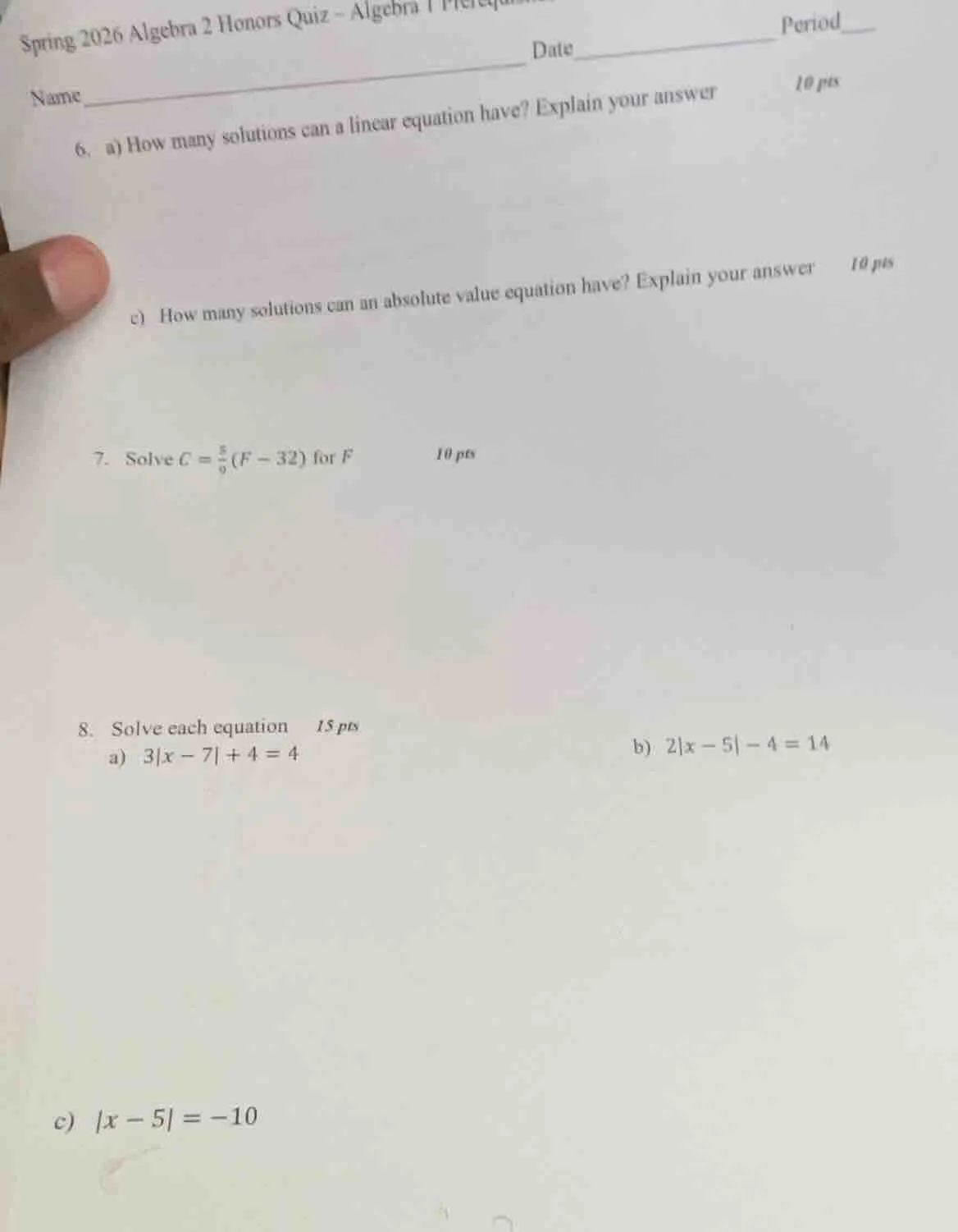 spring 2026 algebra 2 honors quiz - algebra 1 prerequisites name ______…