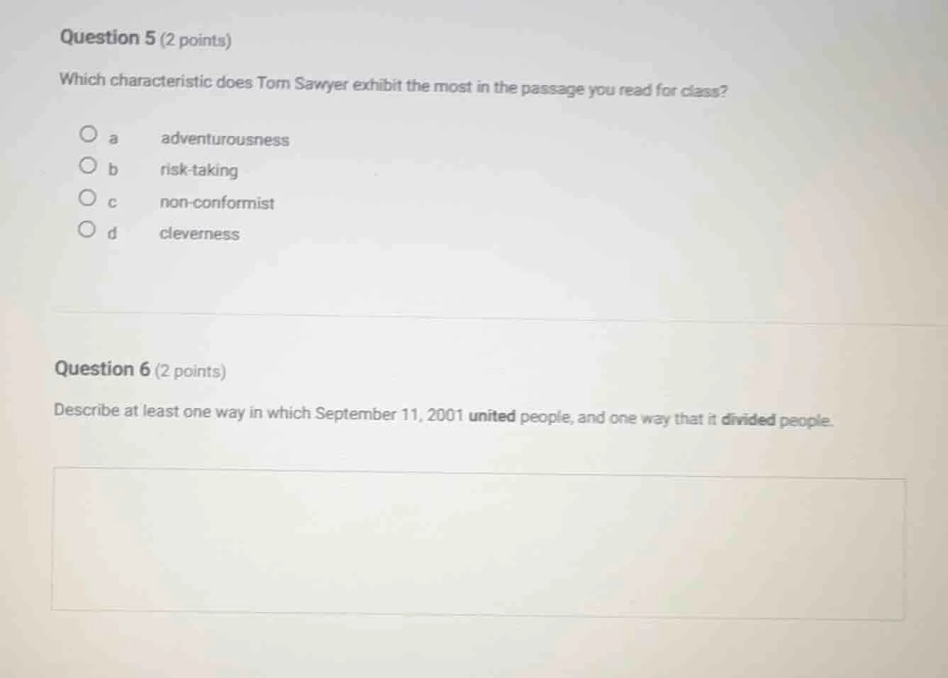 question 5 (2 points) which characteristic does tom sawyer exhibit the …