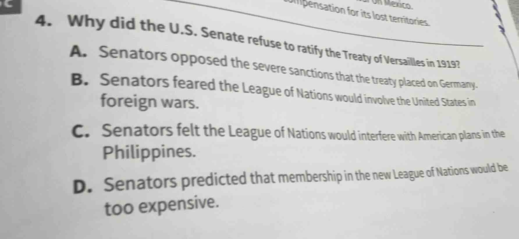 4. why did the u.s. senate refuse to ratify the treaty of versailles in…