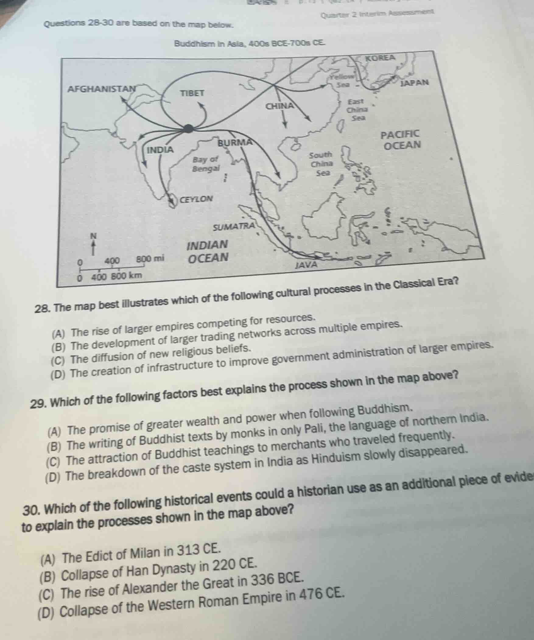 questions 28-30 are based on the map below. buddhism in asia, 400s bce-…