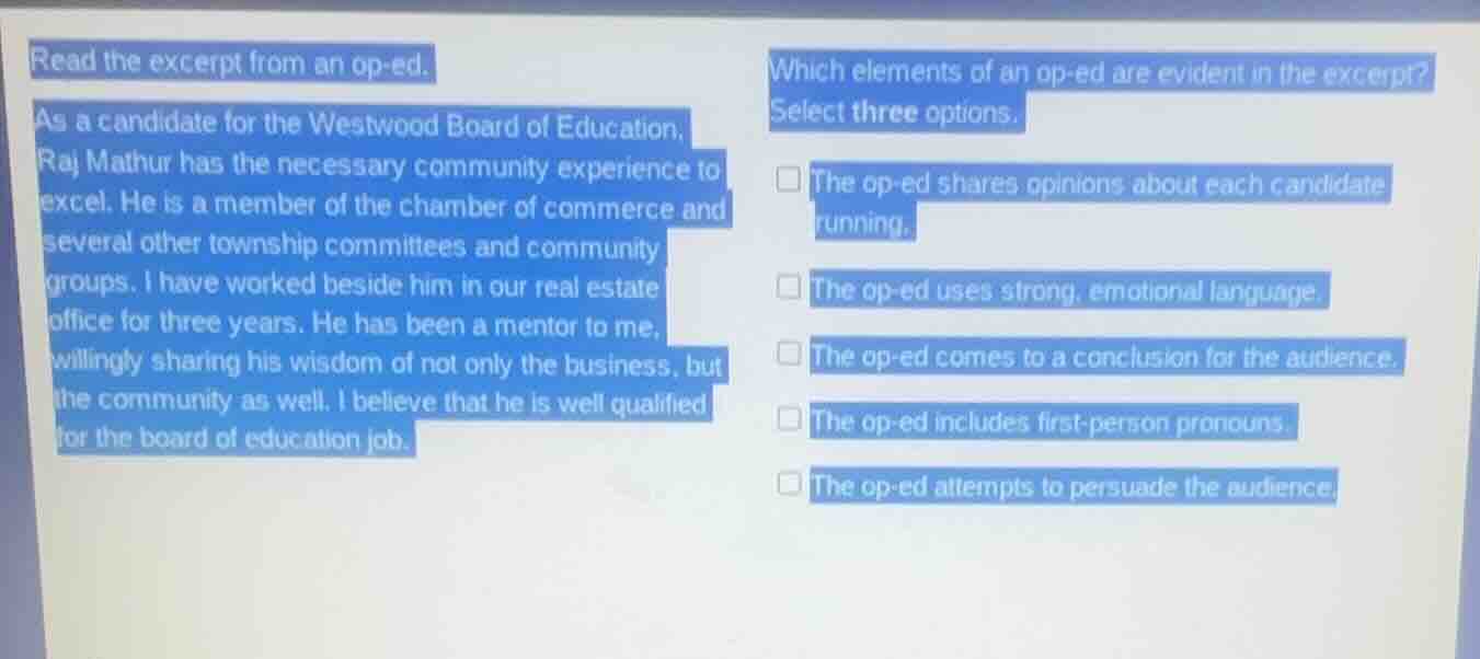 read the excerpt from an op - ed. as a candidate for the westwood board…