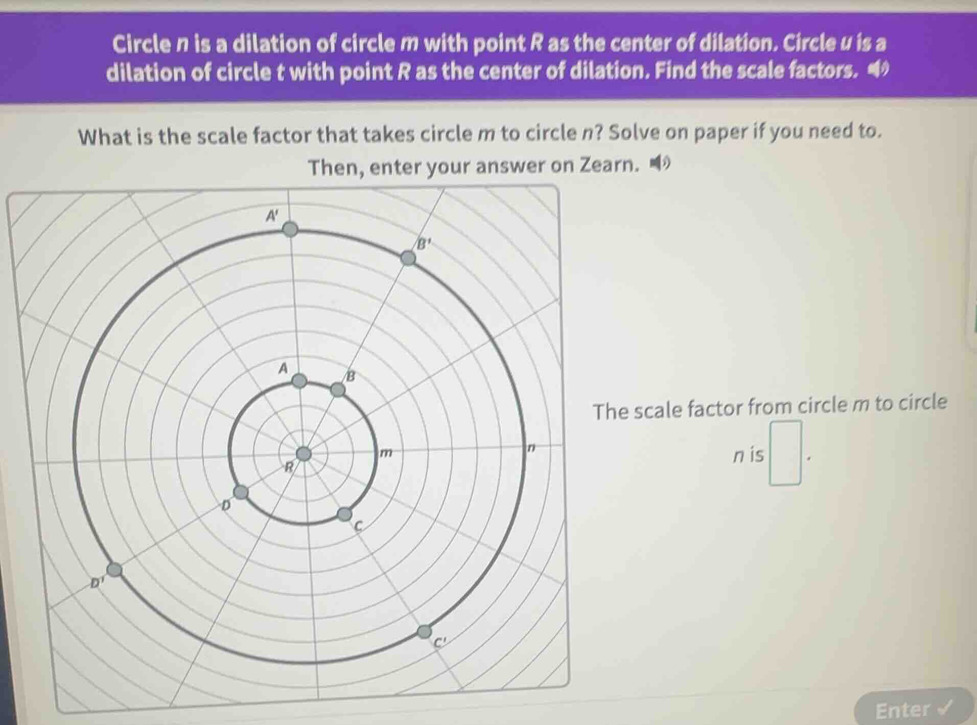 circle n is a dilation of circle m with point r as the center of dilati…