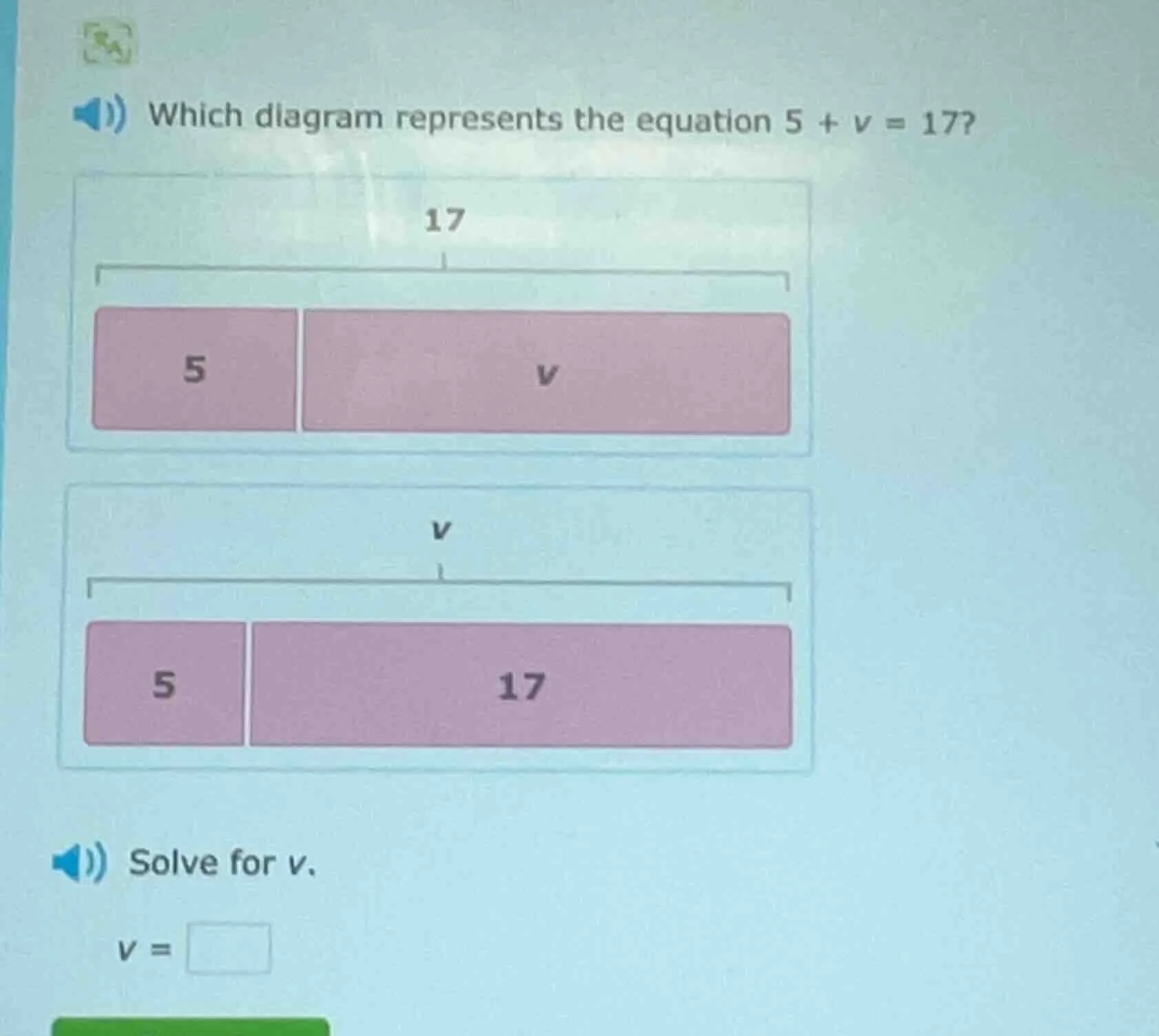 which diagram represents the equation $5 + v = 17$? solve for $v$. $v =…