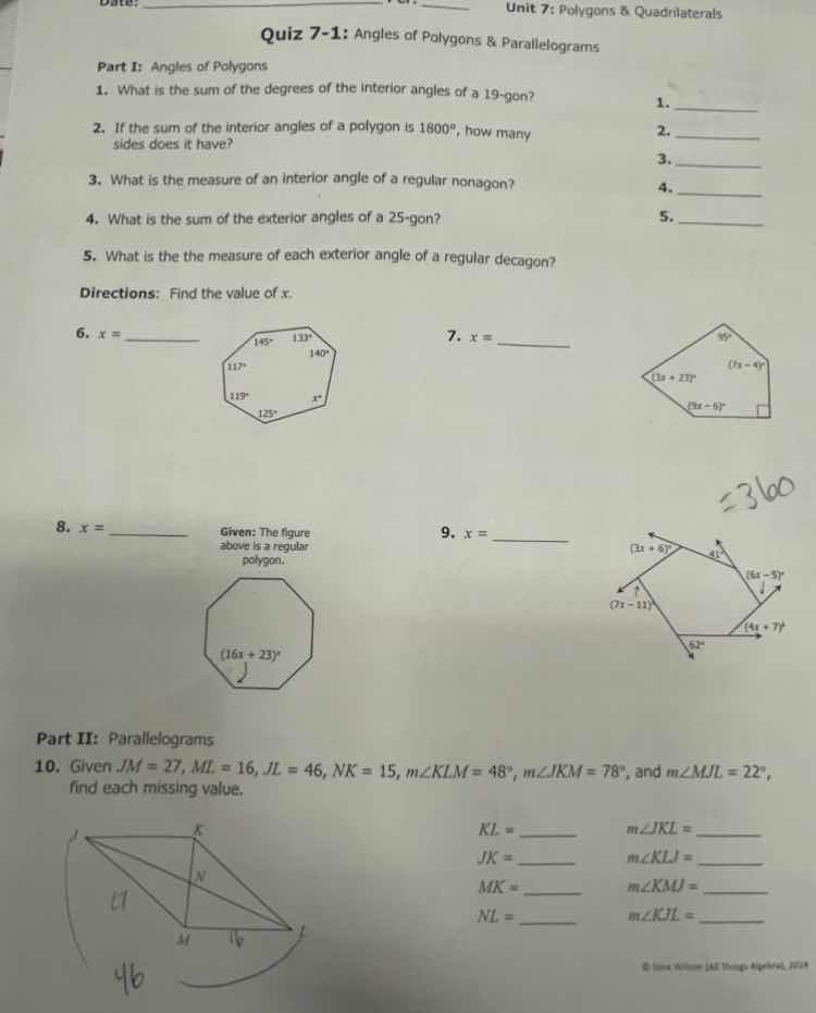 unit 7: polygons & quadrilaterals quiz 7 - 1: angles of polygons & para…