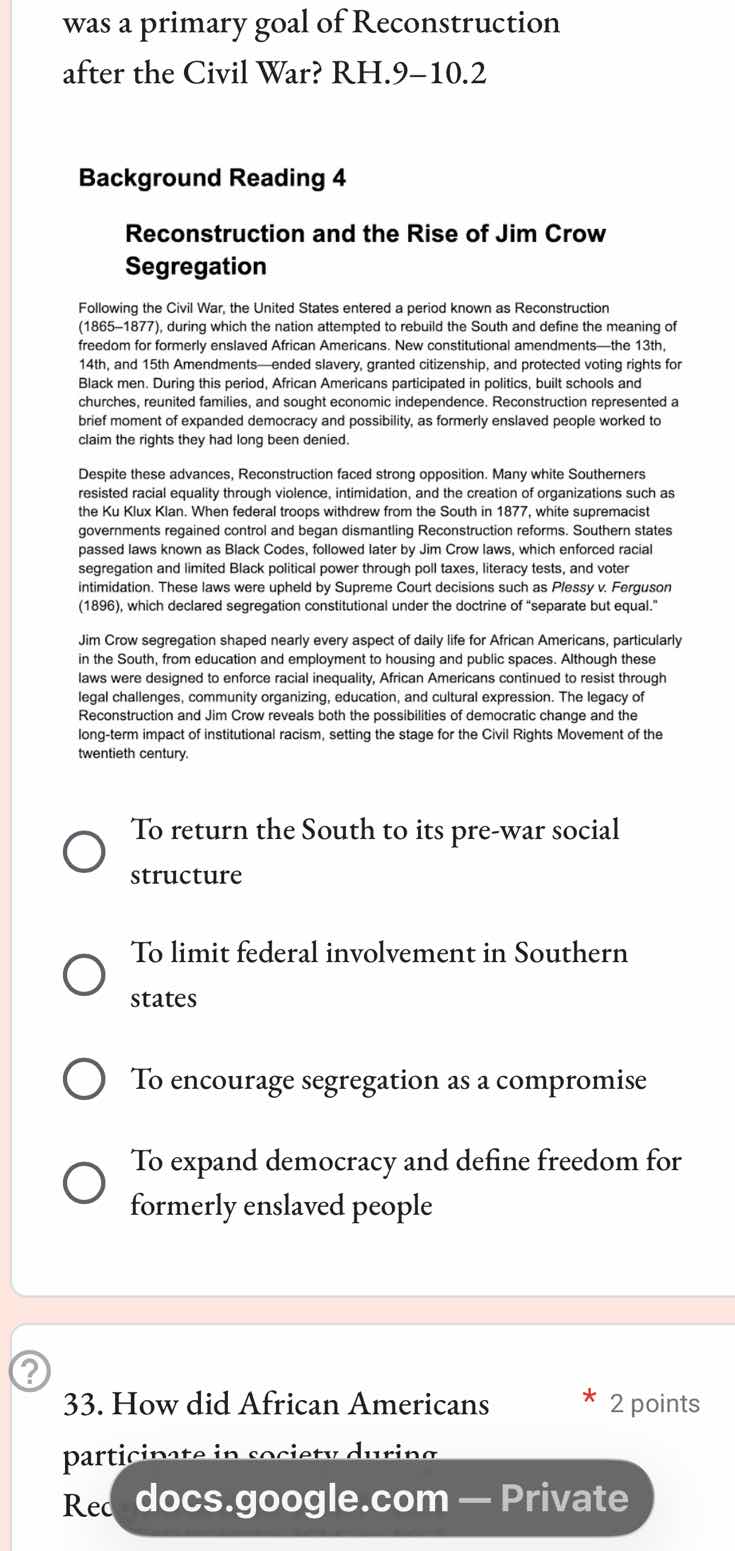 was a primary goal of reconstruction after the civil war? rh.9–10.2 bac…