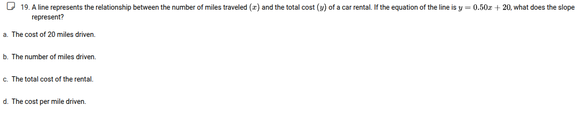 19. a line represents the relationship between the number of miles trav…