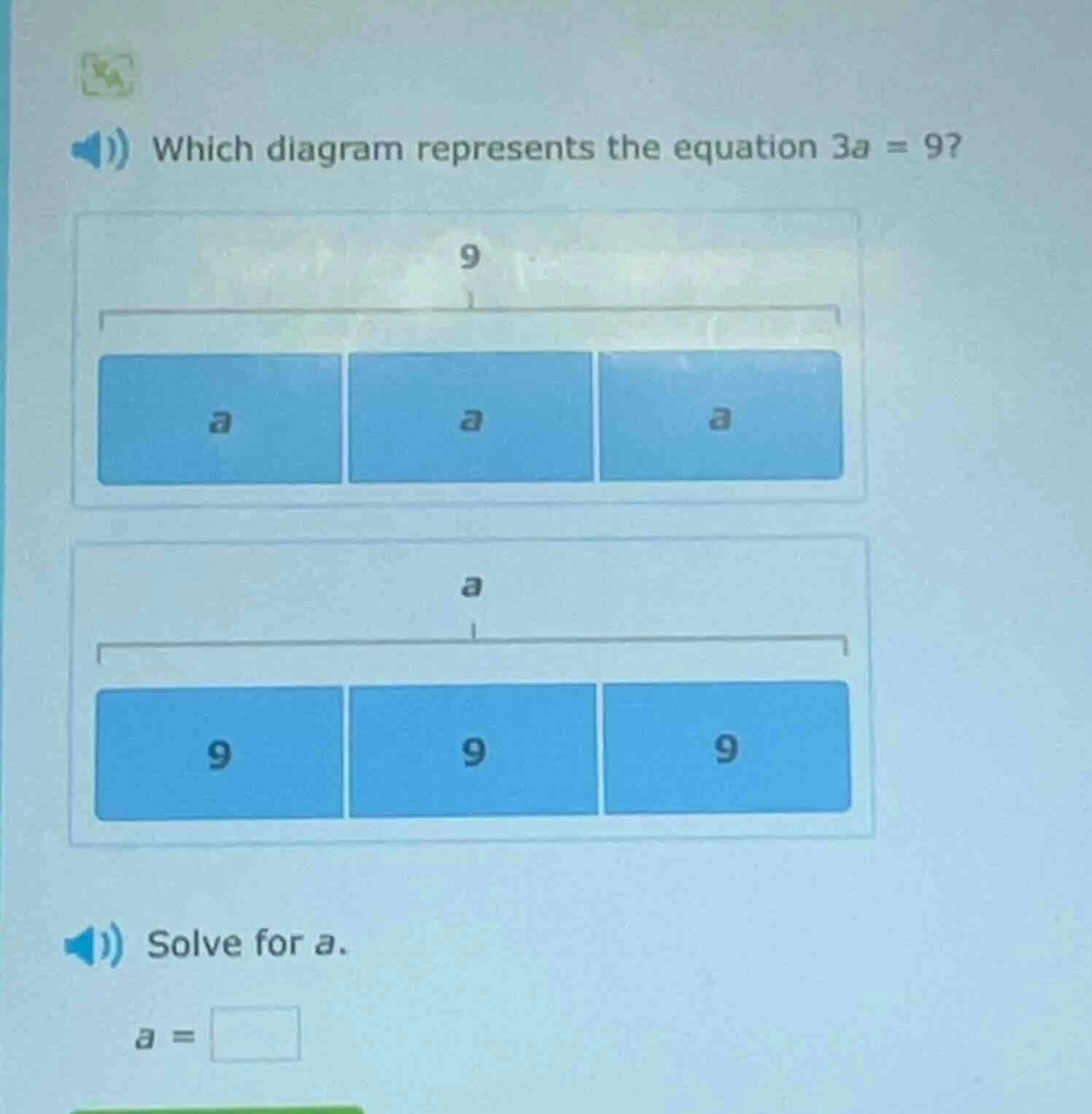 which diagram represents the equation $3a = 9$? solve for $a$. $a = \\s…