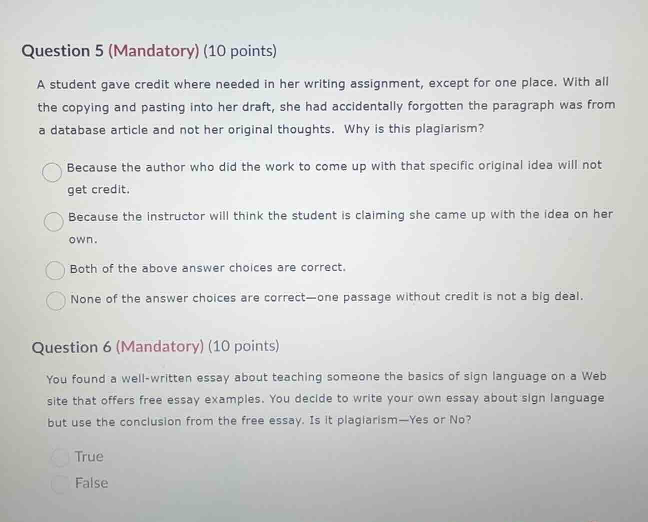 question 5 (mandatory) (10 points) a student gave credit where needed i…
