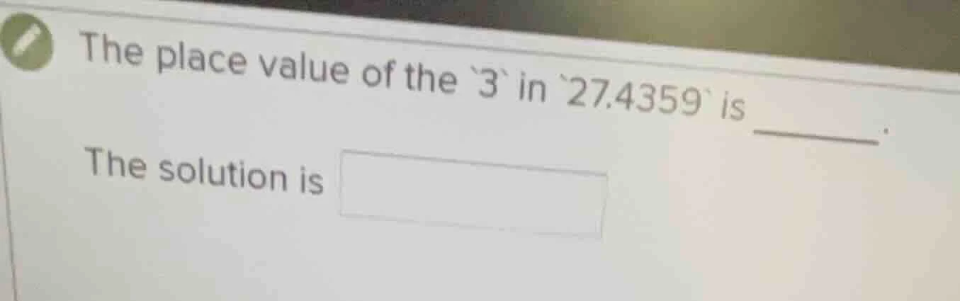 the place value of the `3` in `27.4359` is ______. the solution is