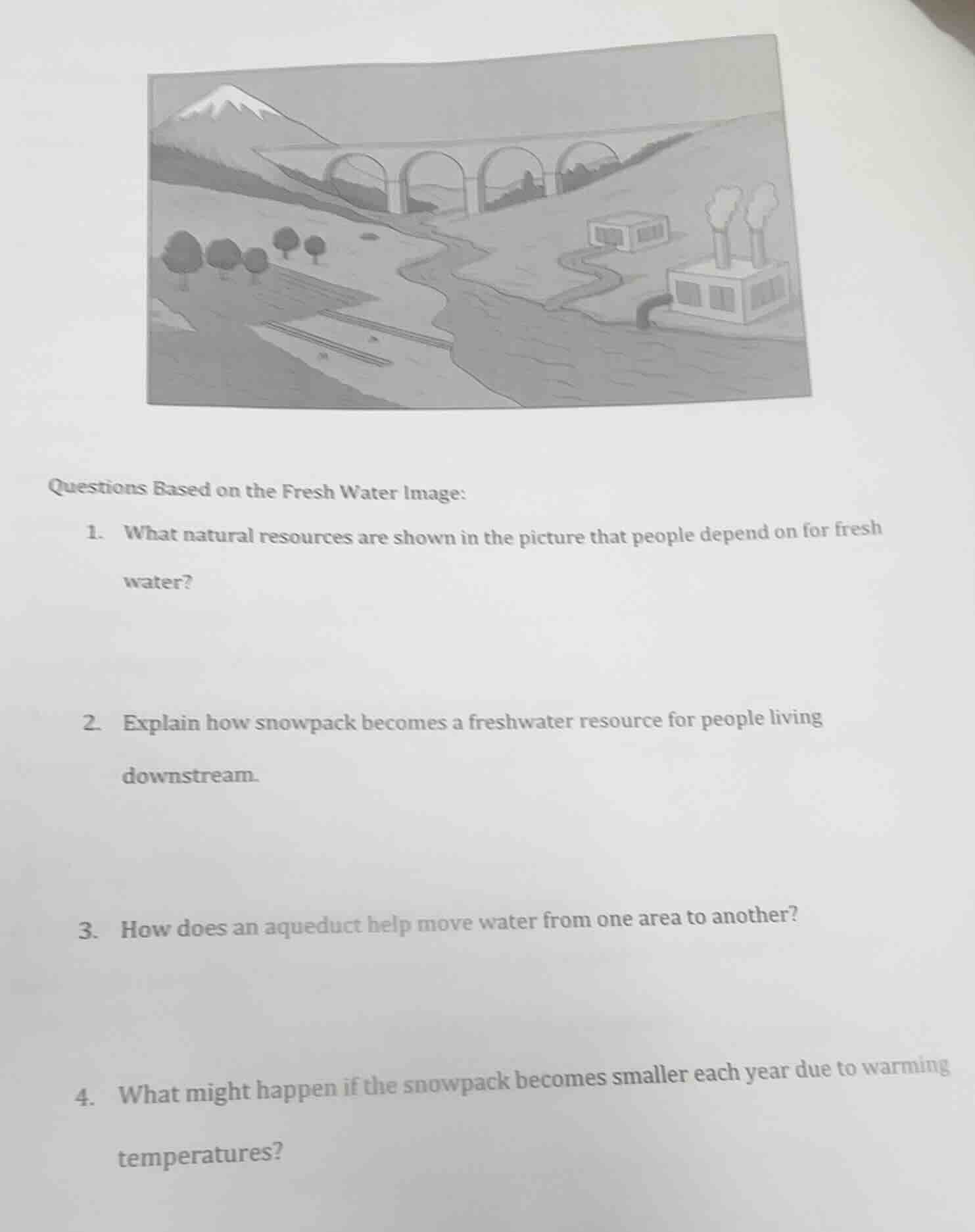 questions based on the fresh water image: 1. what natural resources are…