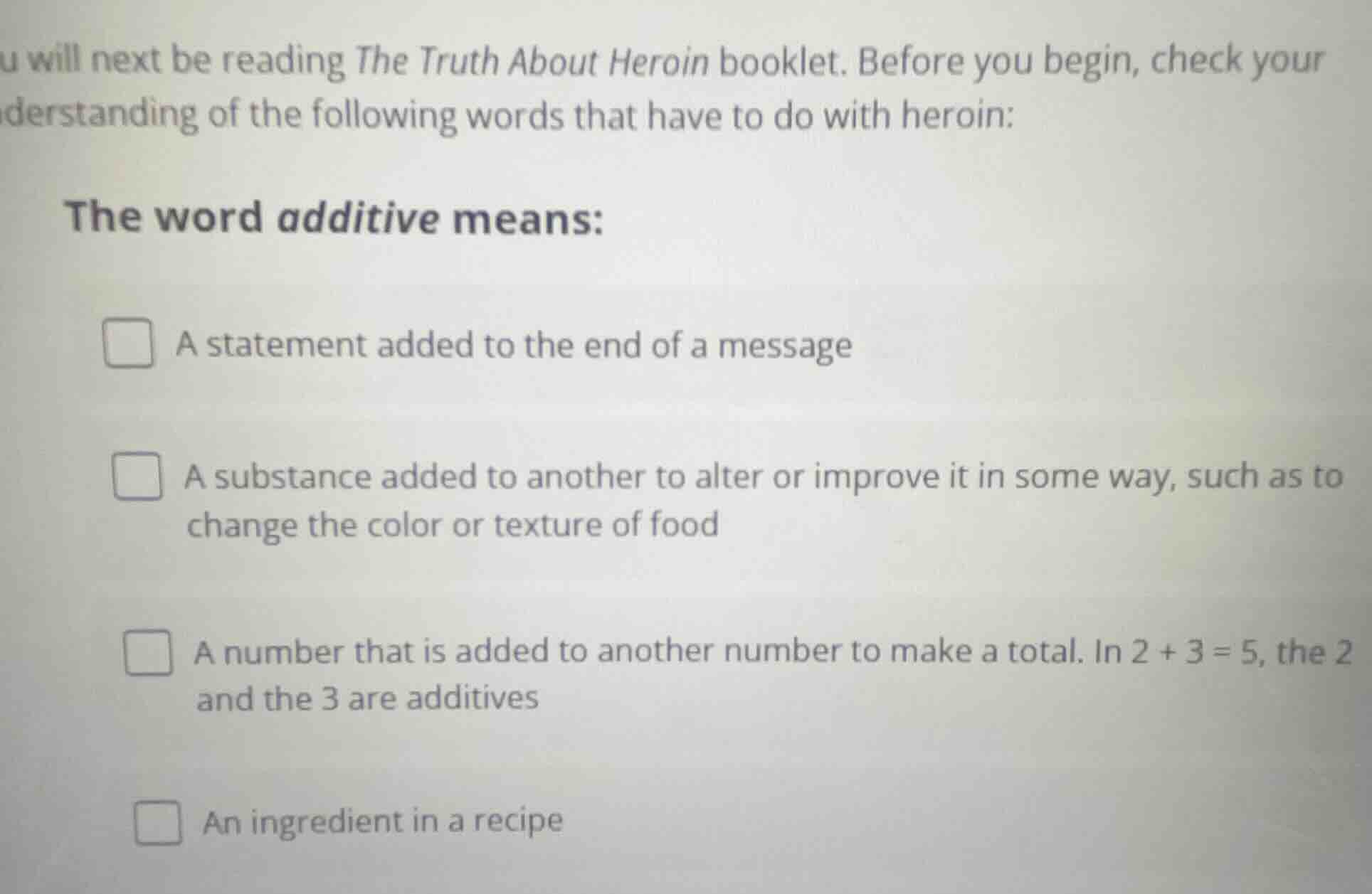 u will next be reading the truth about heroin booklet. before you begin…