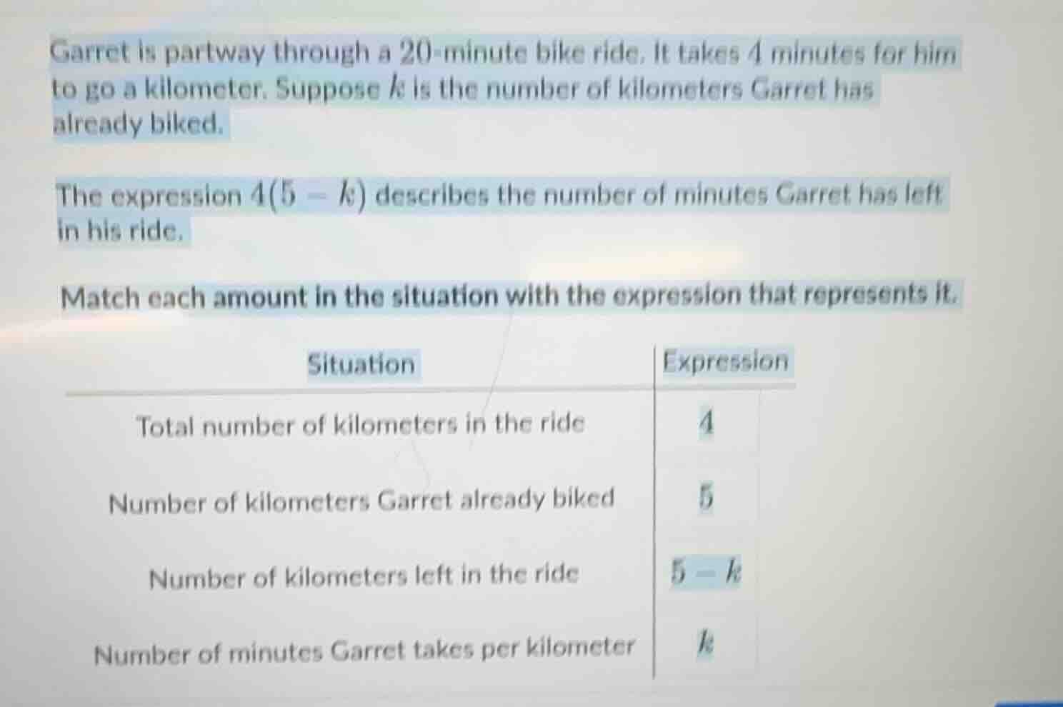 garret is partway through a 20 - minute bike ride. it takes 4 minutes f…