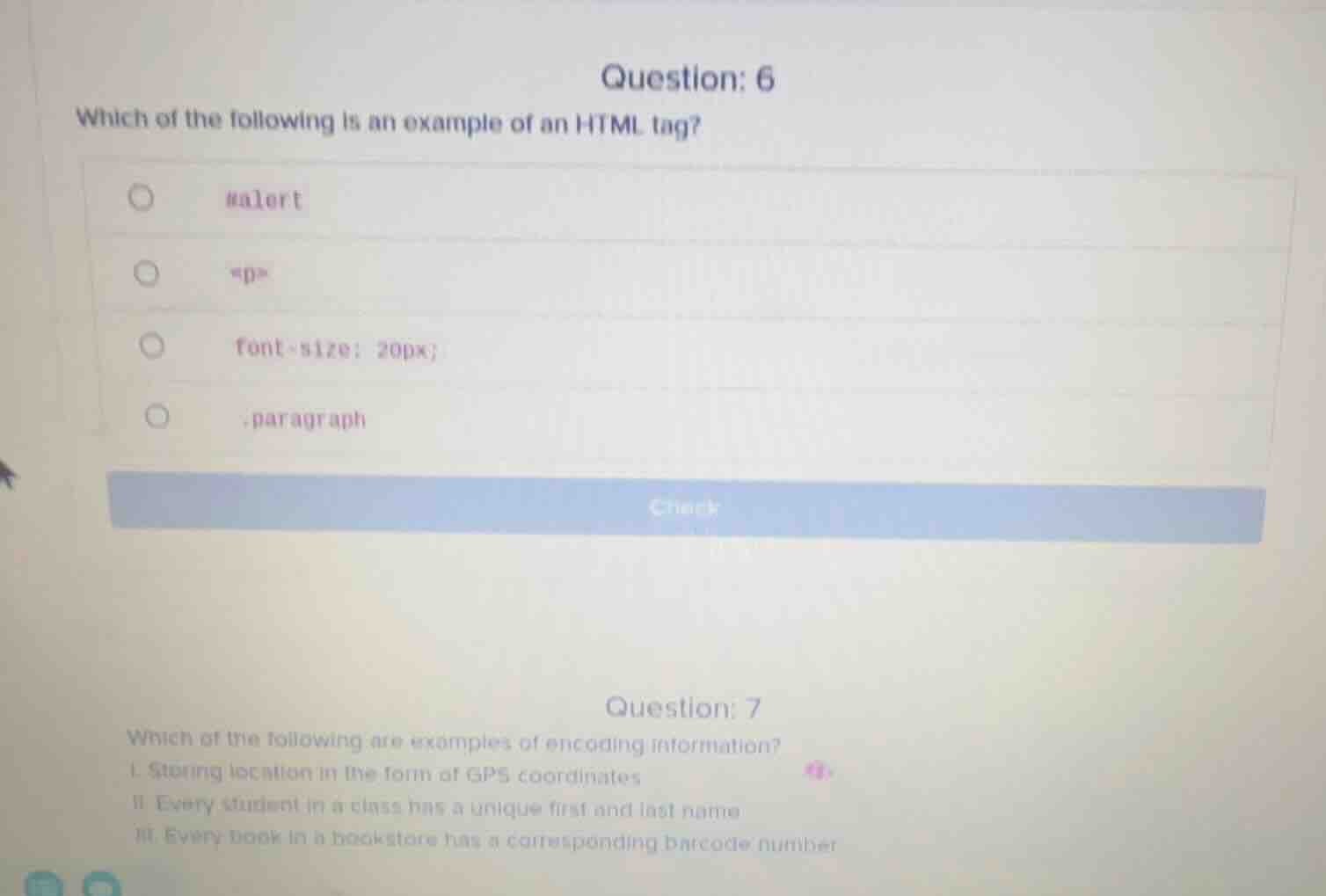 question: 6 which of the following is an example of an html tag? #alert…