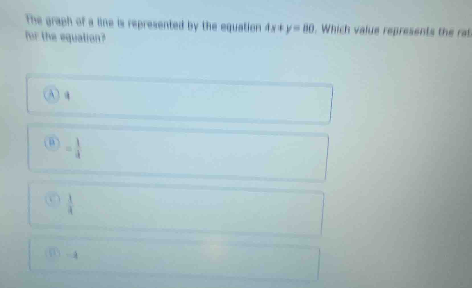 the graph of a line is represented by the equation $4x + y = 80$. which…