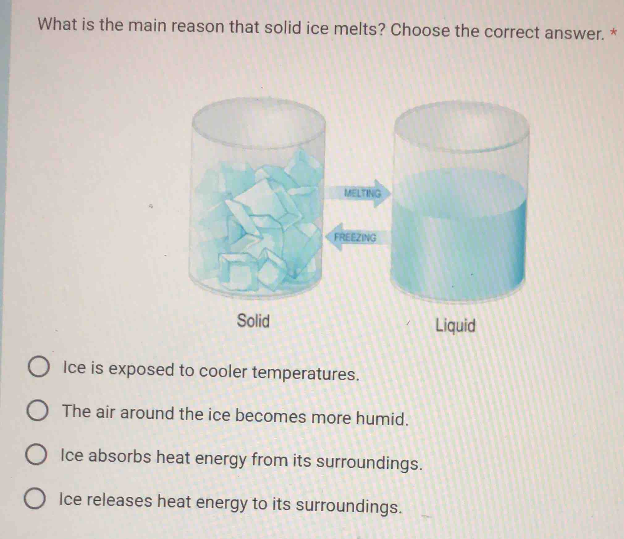 what is the main reason that solid ice melts? choose the correct answer…