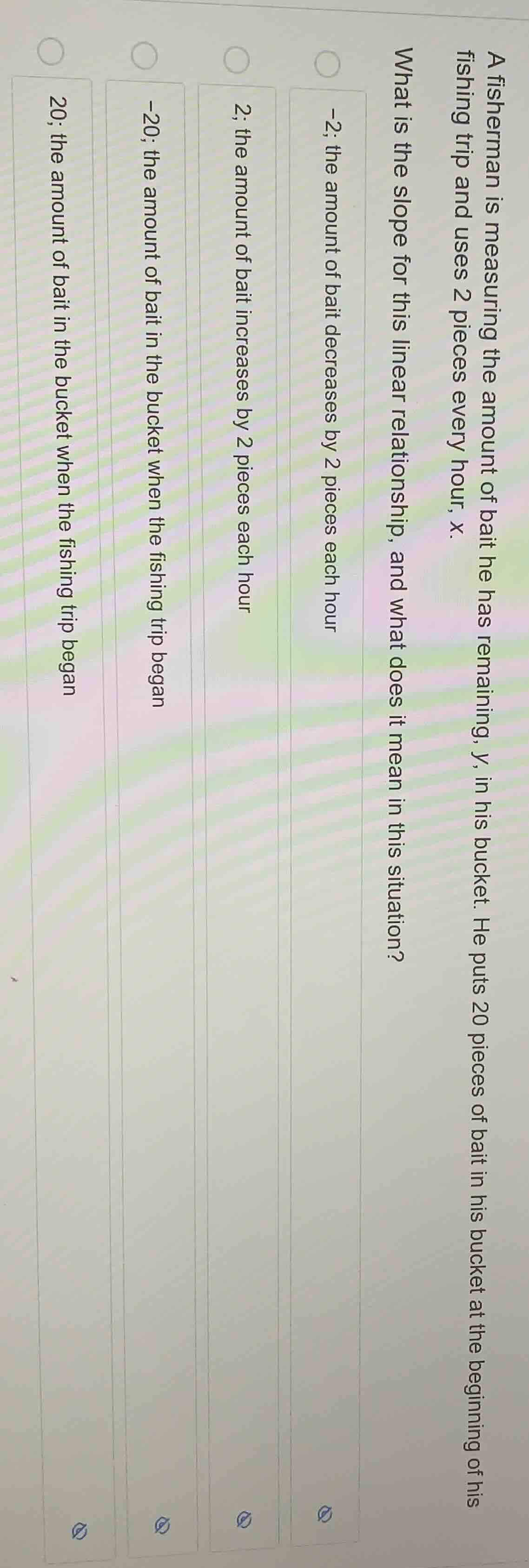 a fisherman is measuring the amount of bait he has remaining, y, in his…