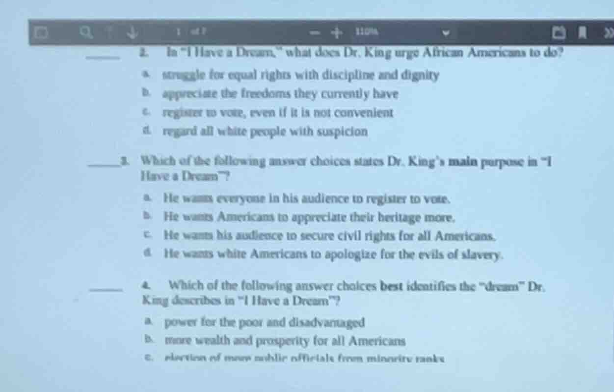 2. in \i have a dream,\ what does dr. king urge african americans to do…