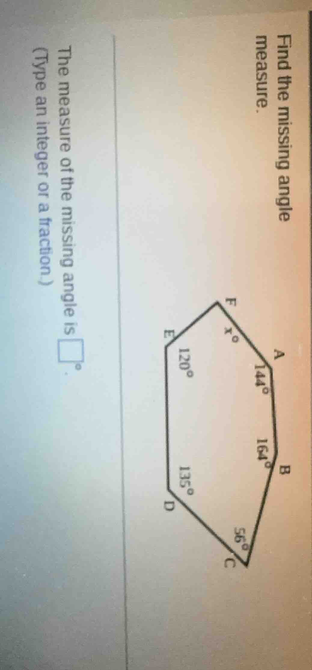 find the missing angle measure. the measure of the missing angle is \\(…