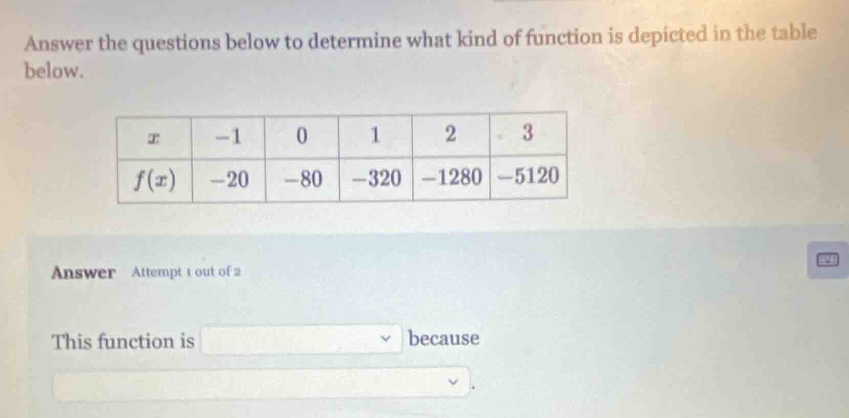 answer the questions below to determine what kind of function is depict…