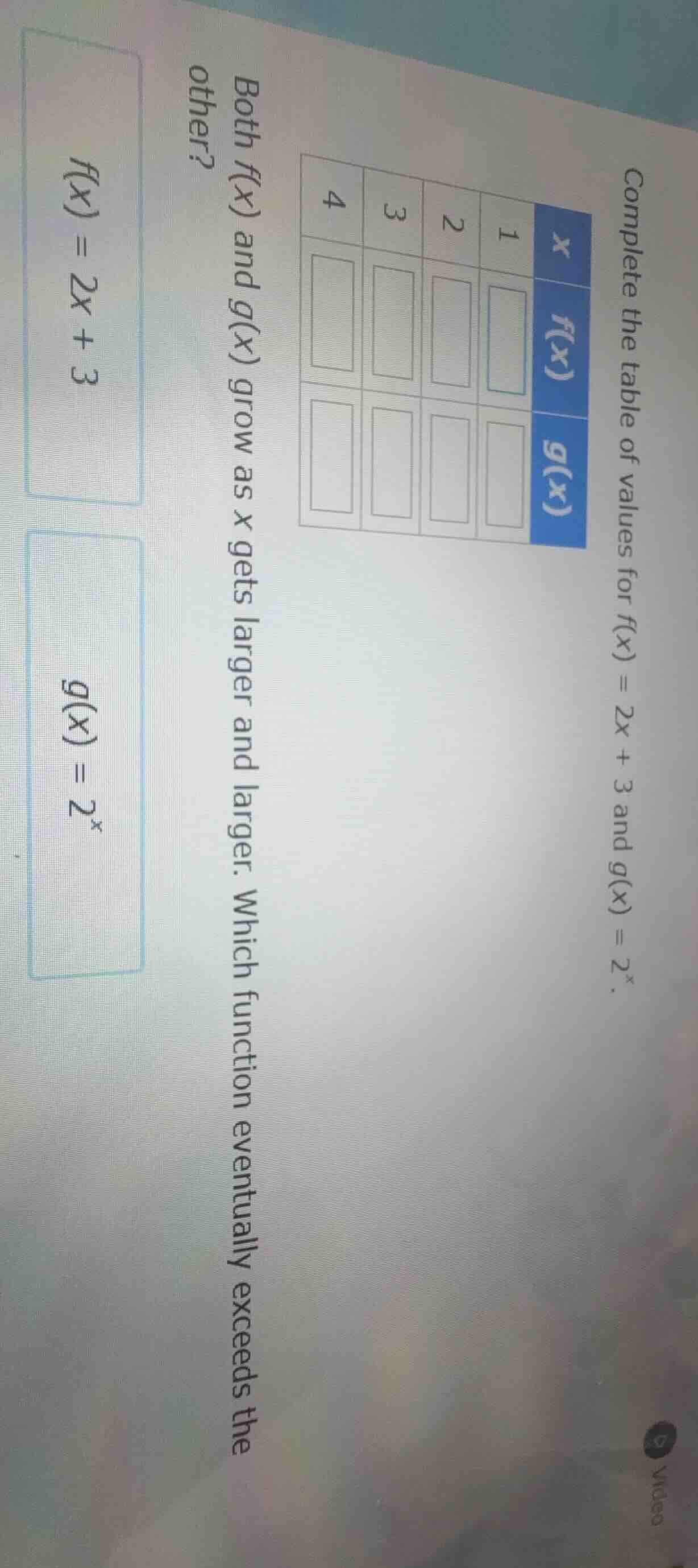 complete the table of values for ( f(x) = 2x + 3 ) and ( g(x) = 2^x ). …