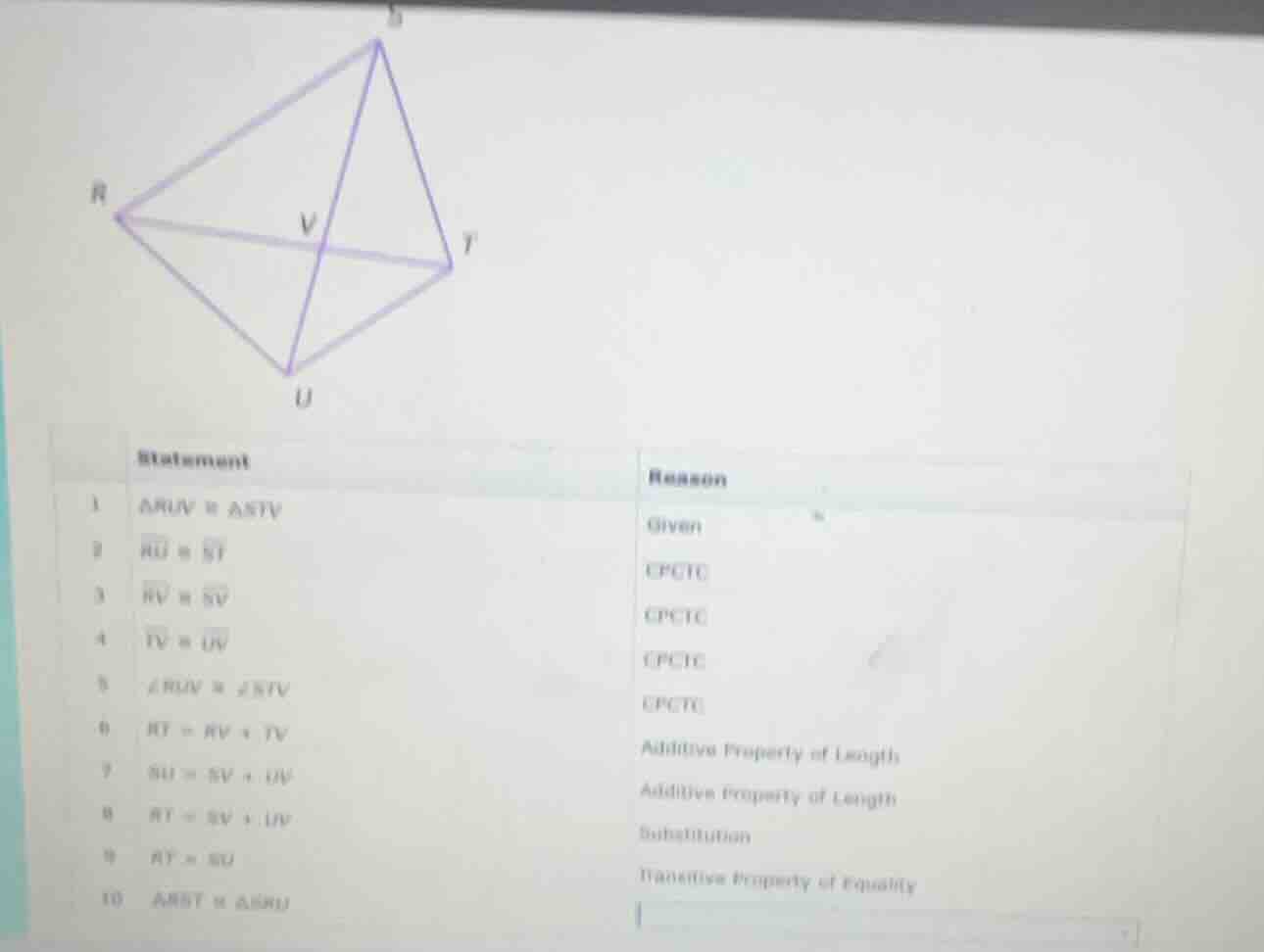 statement reason 1 △ruv ≅ △stv given 2 ru ≅ st cpctc 3 rv ≅ sv cpctc 4 …