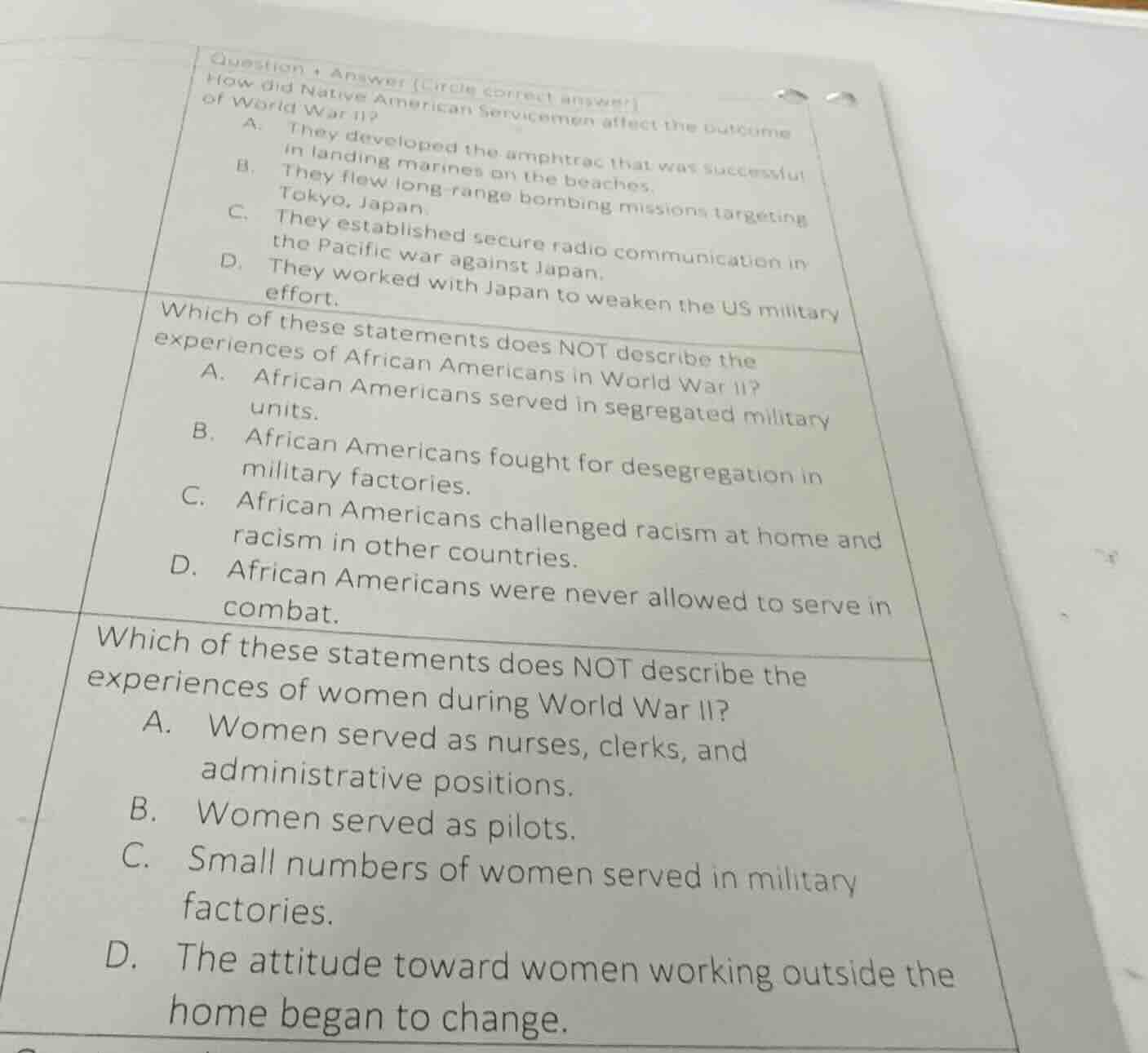 question + answer (circle correct answer) how did native american servi…