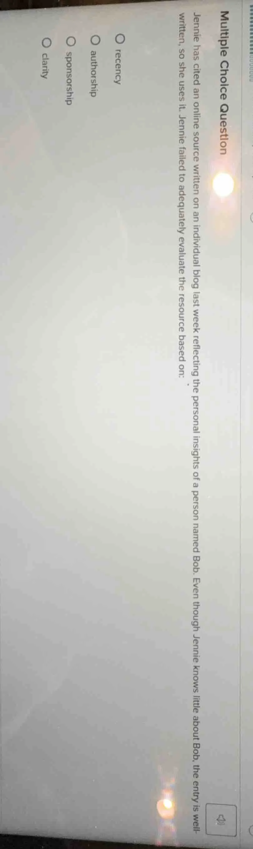 multiple choice question jennie has cited an online source written on a…