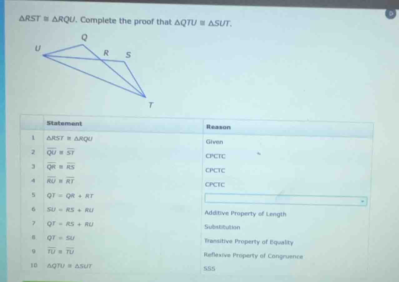 $\\triangle rst \\cong \\triangle rqu$. complete the proof that $\\tria…