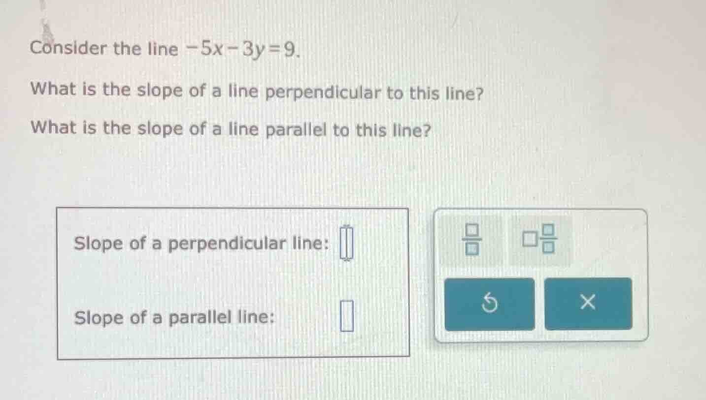 consider the line -5x - 3y = 9. what is the slope of a line perpendicul…
