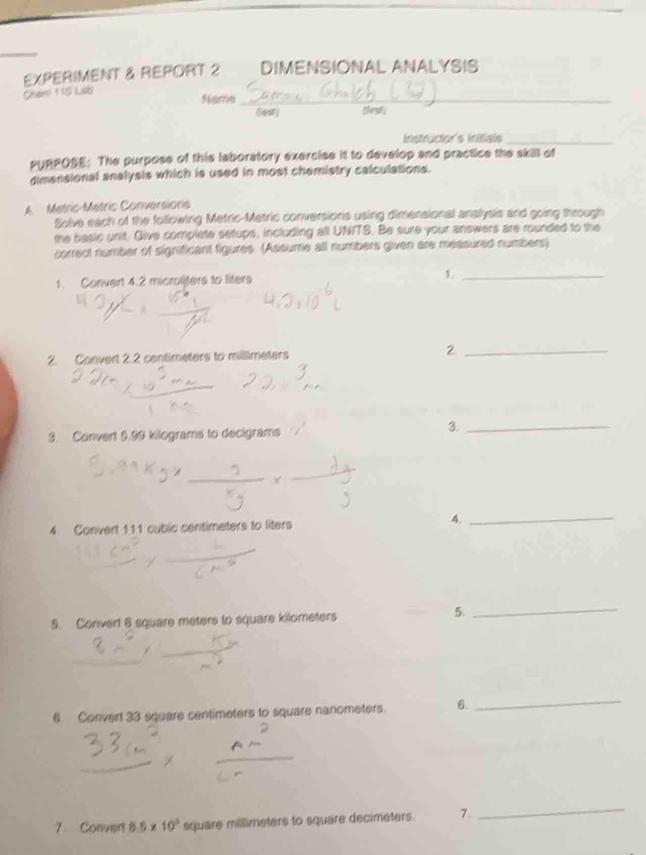 experiment & report 2 dimensional analysis chem 110 lab name (last) (fi…