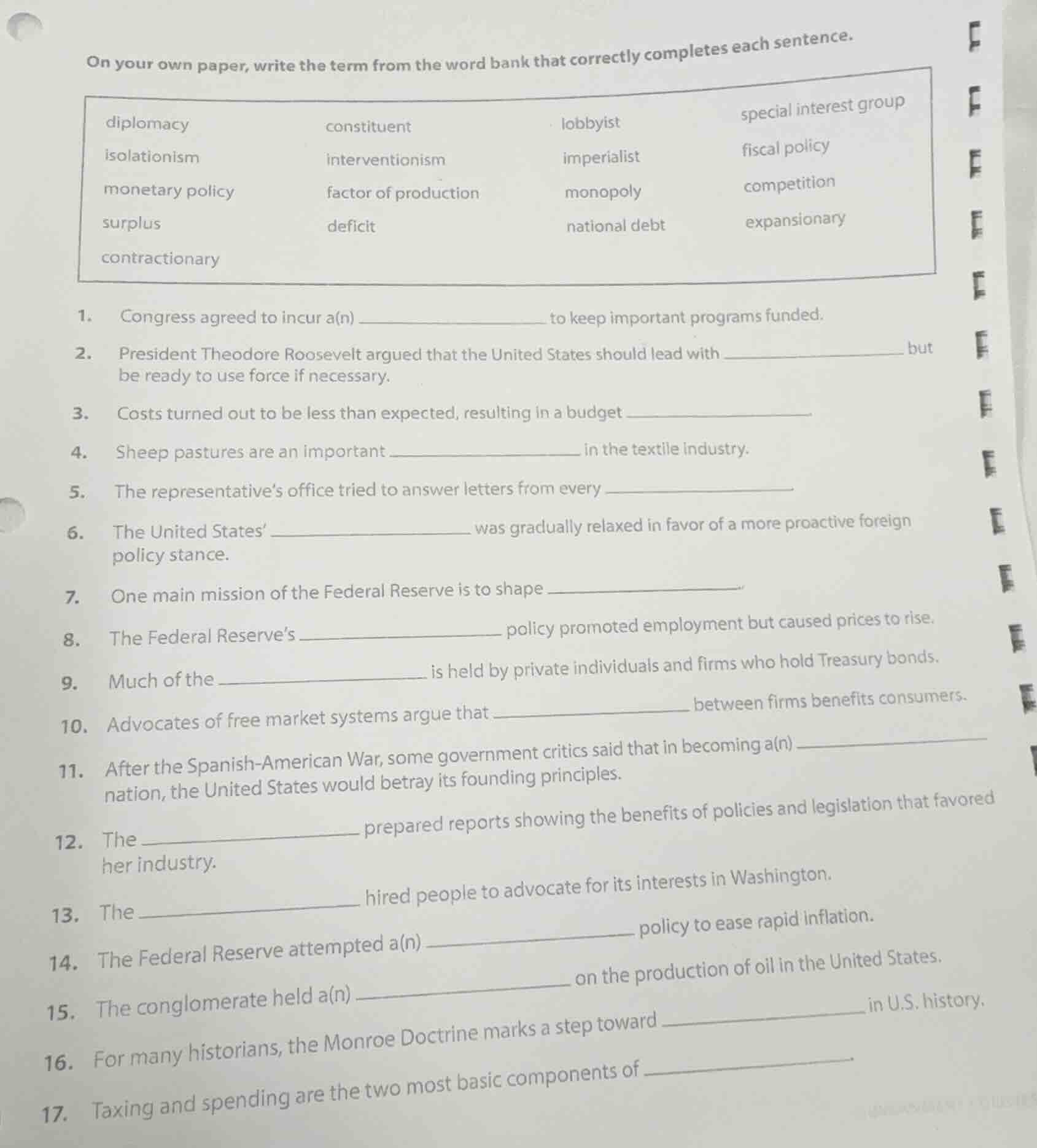 on your own paper, write the term from the word bank that correctly com…