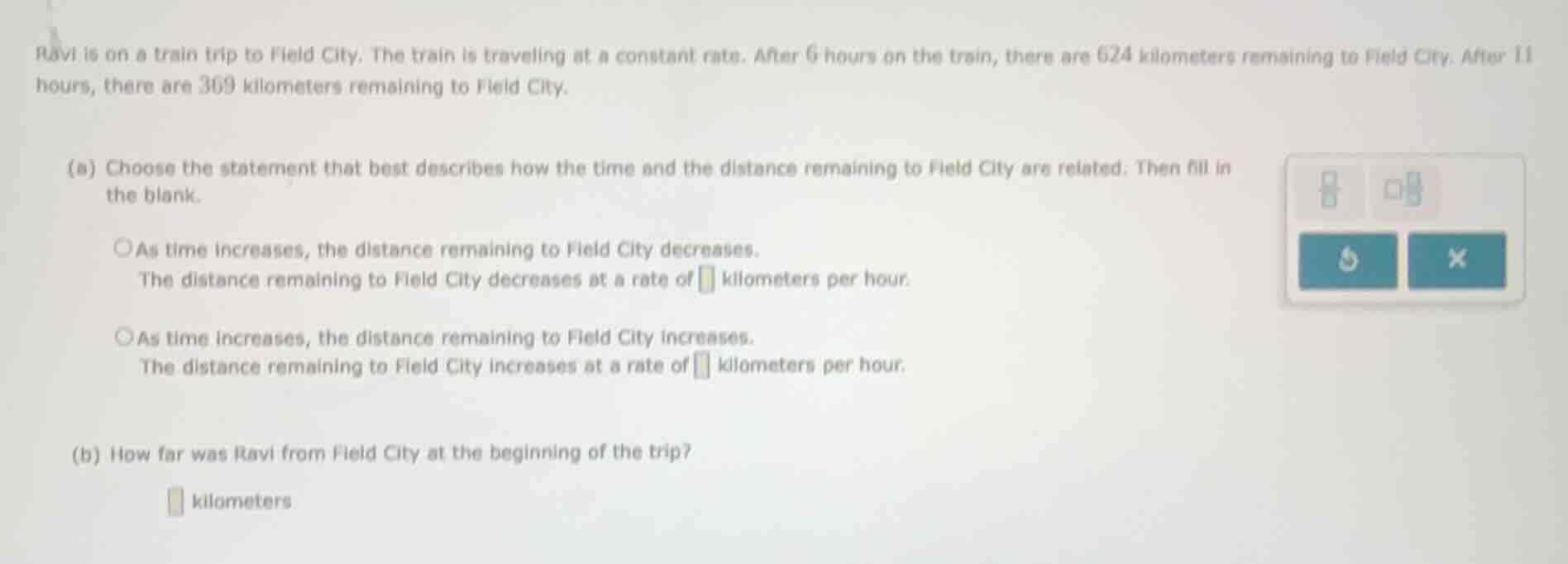 ravi is on a train trip to field city. the train is traveling at a cons…