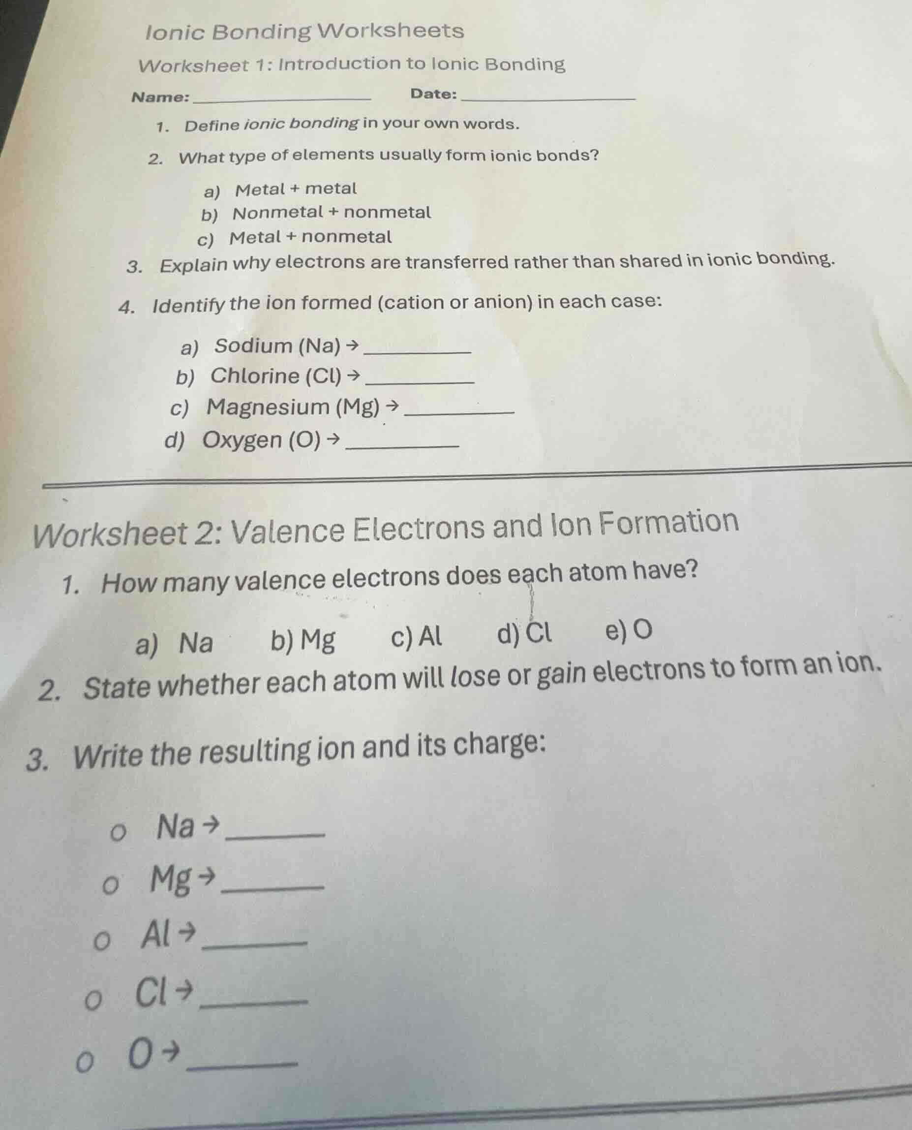 ionic bonding worksheets worksheet 1: introduction to ionic bonding nam…