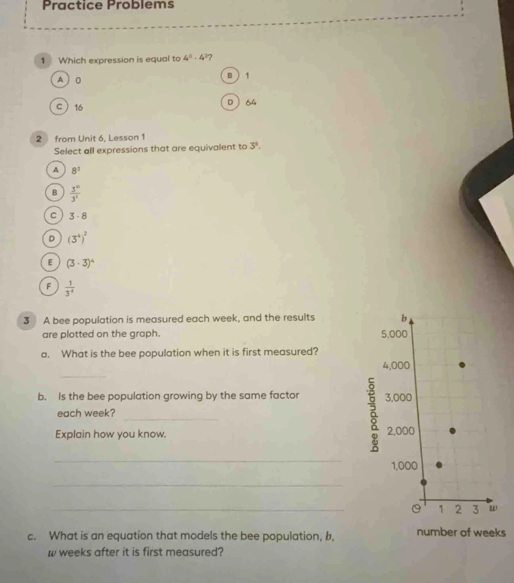practice problems 1 which expression is equal to $4^0 \\cdot 4^2$? a 0 …