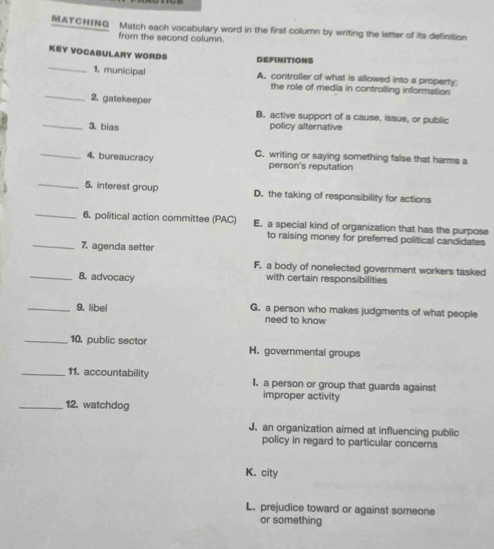 matching match each vocabulary word in the first column by writing the …
