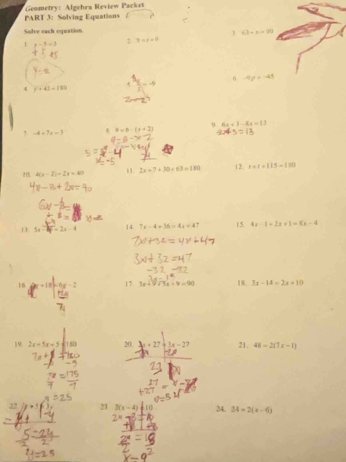 geometry: algebra review packet part 3: solving equations solve each eq…