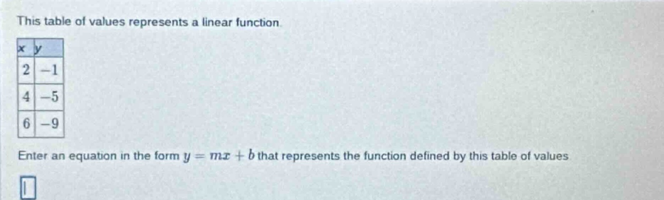 this table of values represents a linear function. x | y 2 | -1 4 | -5 …