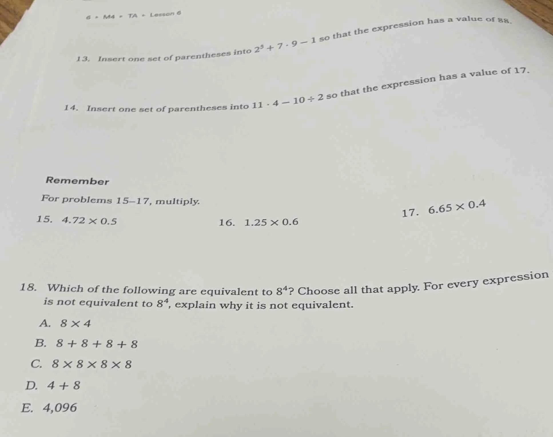 6 • m4 • ta • lesson 6 13. insert one set of parentheses into (2^5 + 7 …