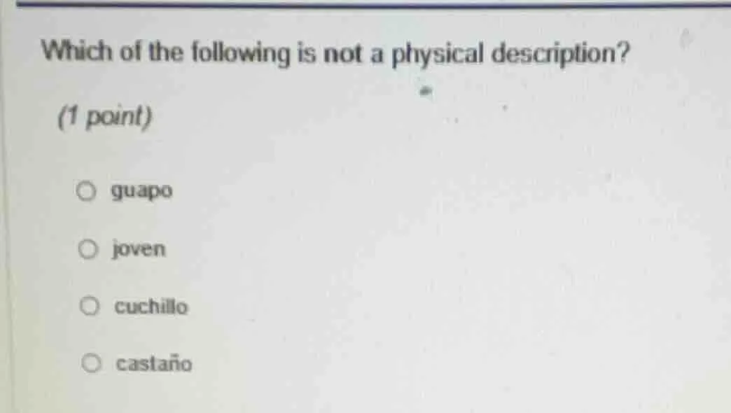 which of the following is not a physical description? (1 point) guapo j…
