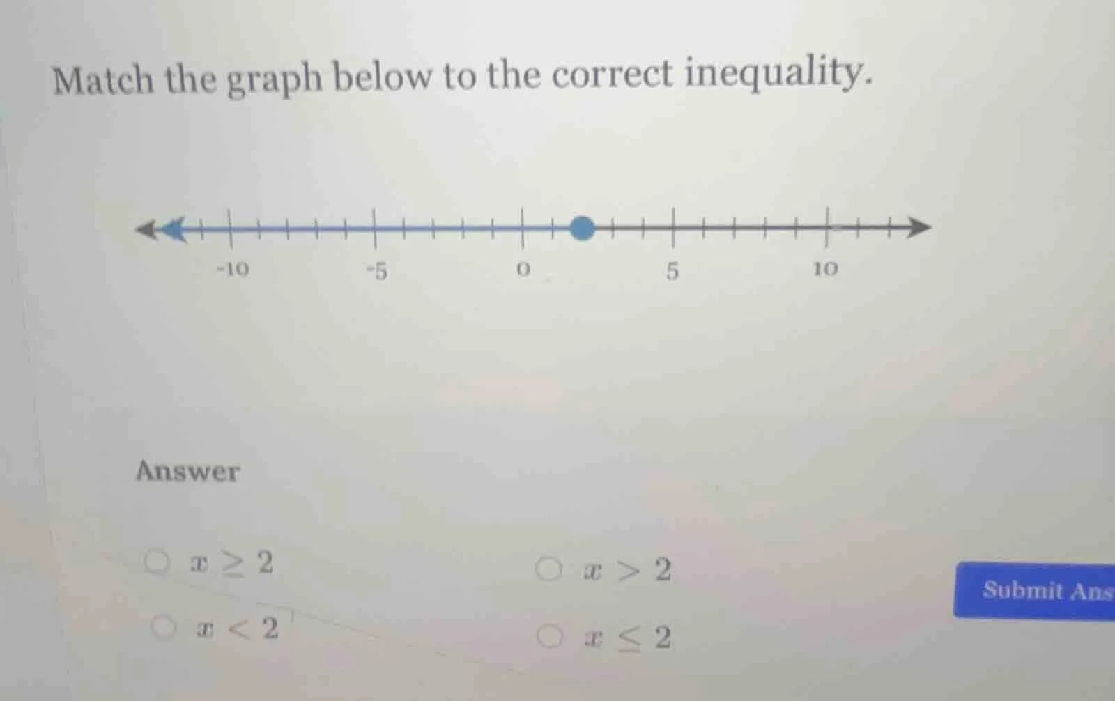 match the graph below to the correct inequality. answer \\( x \\geq 2 \…